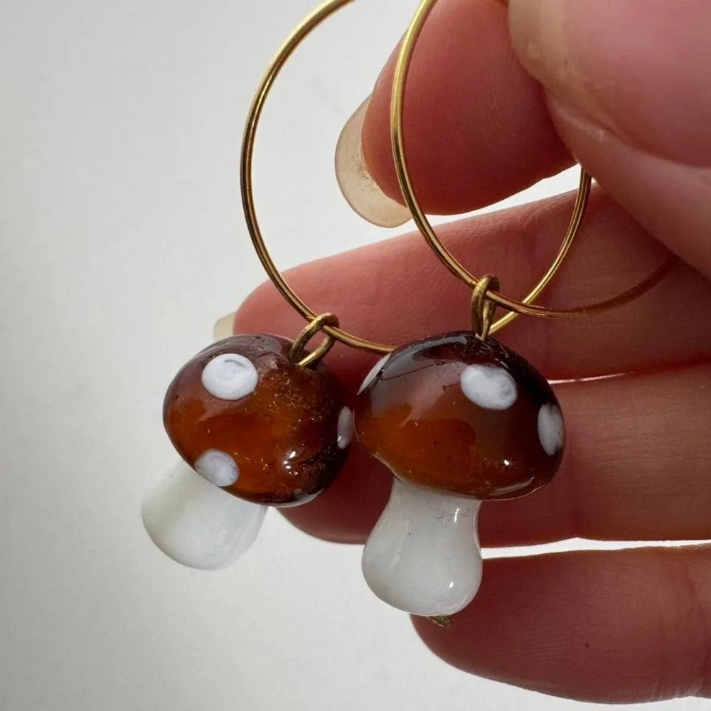 Glass‎ Mushroom Gold Hoop Earrings